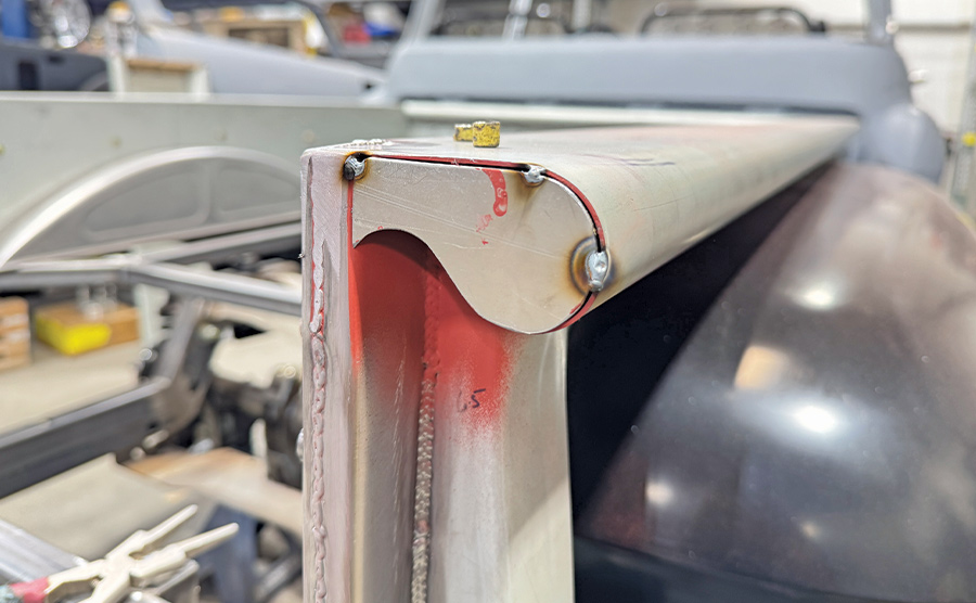 chevy c10 stake pocket endcap tacked in place with round reveal