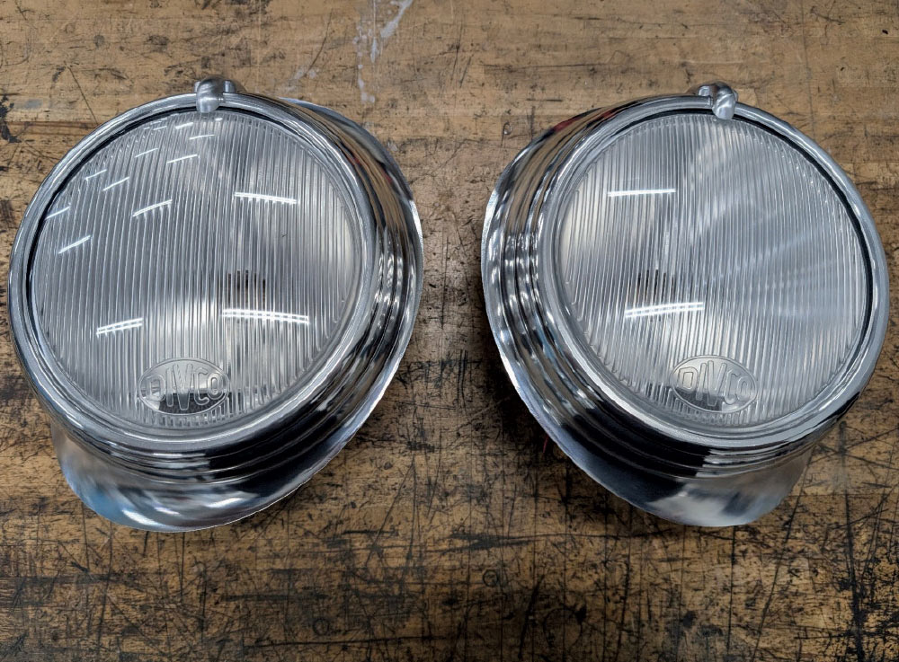 Divco full custom headlight assemblies with fluted lenses and tab-top mounts in polished bezels