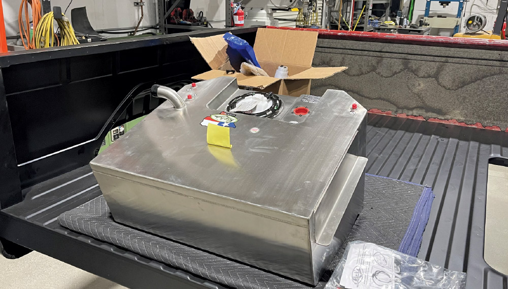 1985 chevy squarebody custom aluminum fuel cell mocked up in bed with sending unit installed