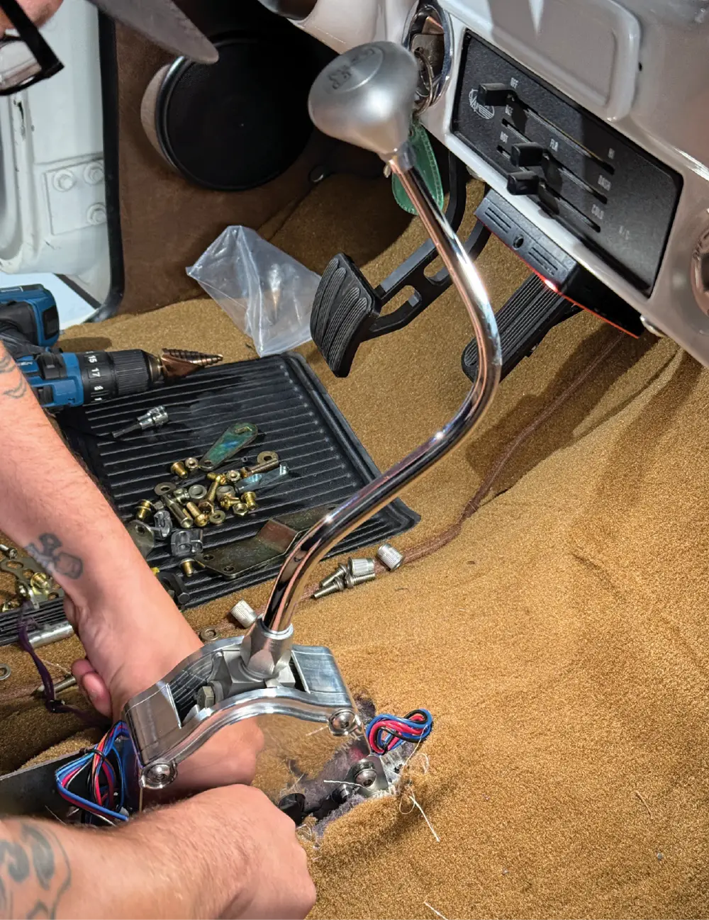 lokar shifter mounted install custom routed harness tunnel fit