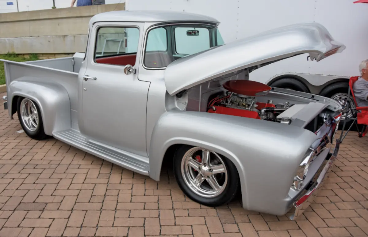 1956 ford f100 silver show truck custom red engine bay billet wheels and trim