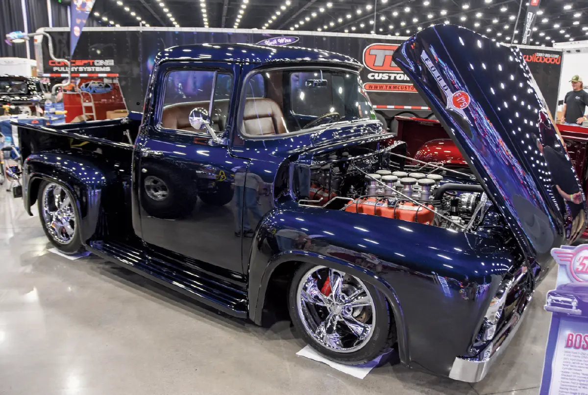 1956 ford f100 dark blue show truck boss 429 engine indy stack injection chrome wheels