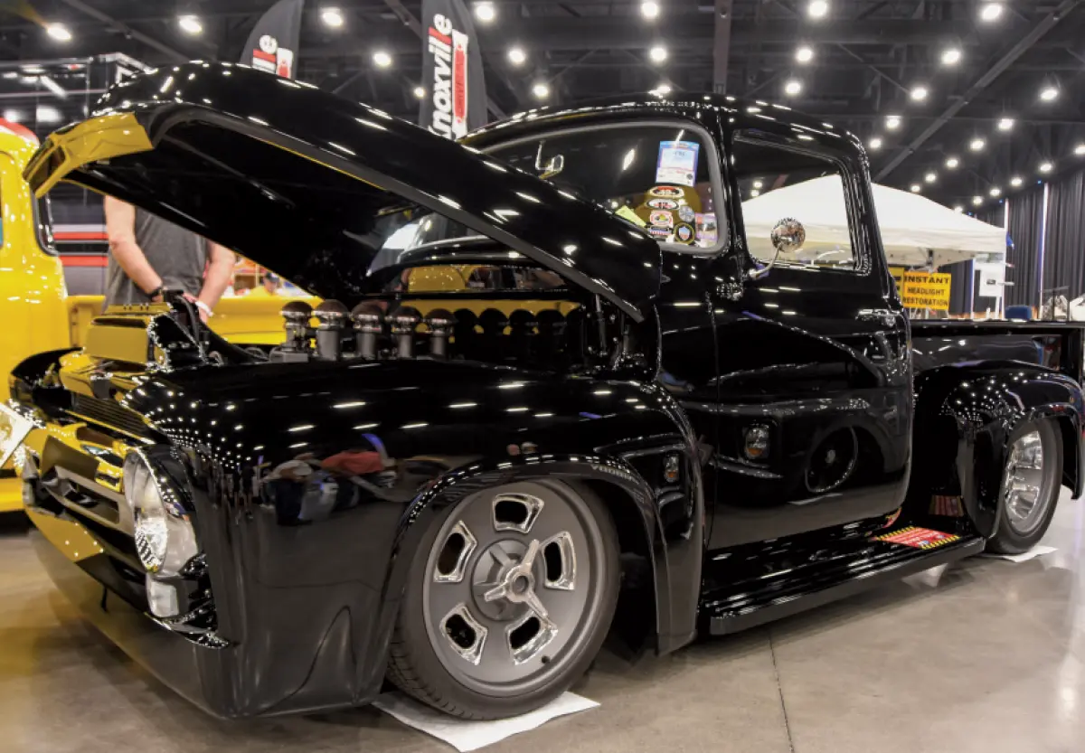 1955 ford f100 black slammed show truck indy injection billet wheels ultra low stance