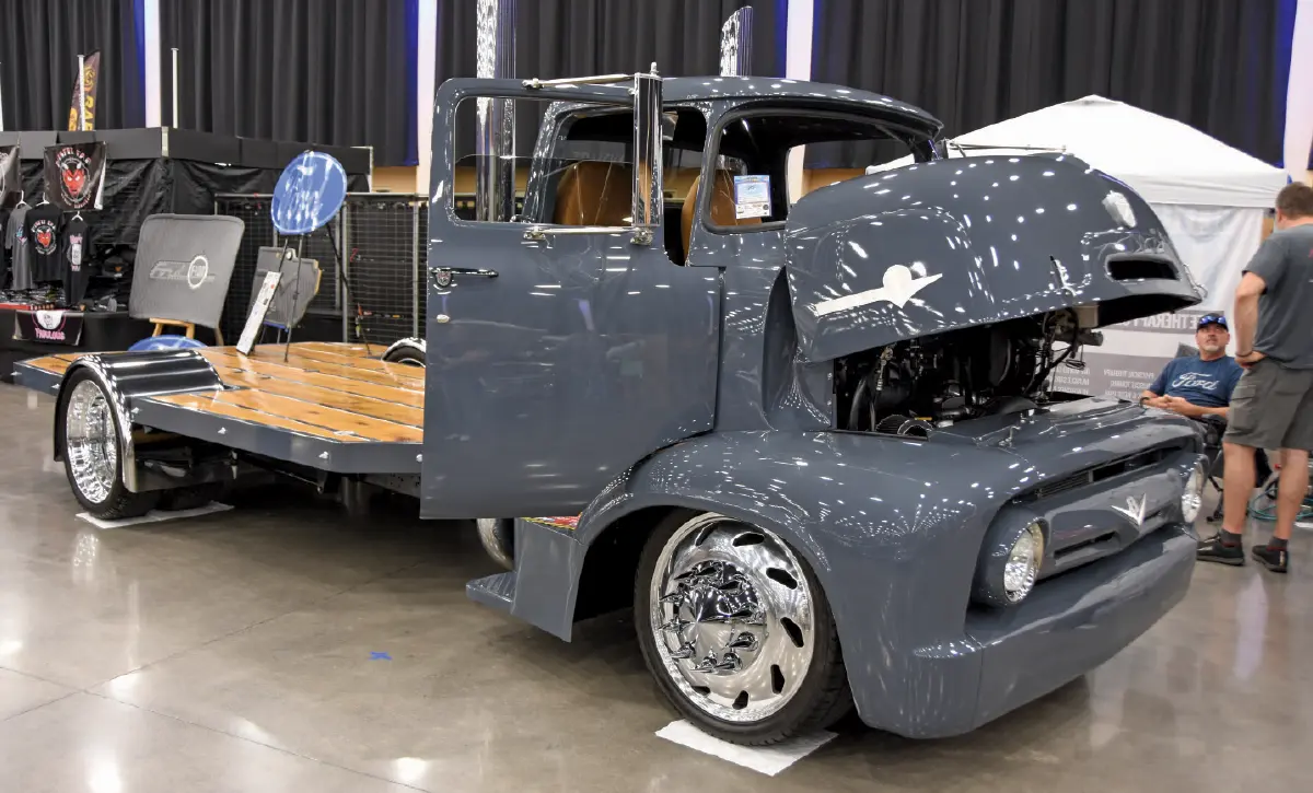1955 ford c600 cabover custom hauler gray paint wood deck billet wheels show build