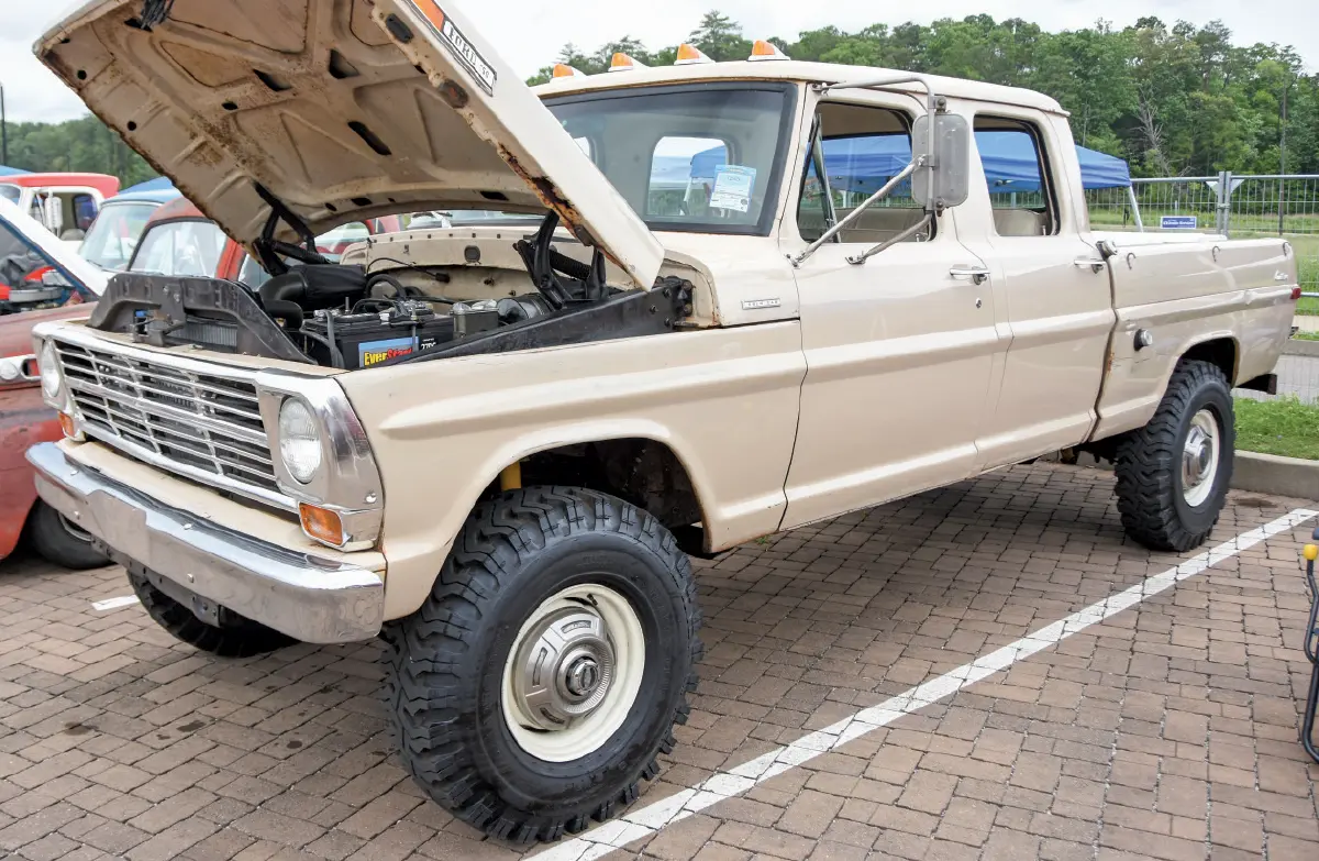 1972 ford f250 crew cab 4x4 survivor tan patina steel wheels and mud tires