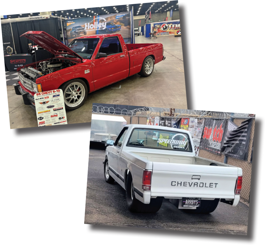 two photos of red and white chevy trucks
