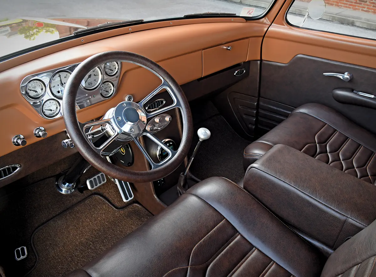 1955 Ford F-100 custom interior brown leather bucket seats billet wheel white gauges