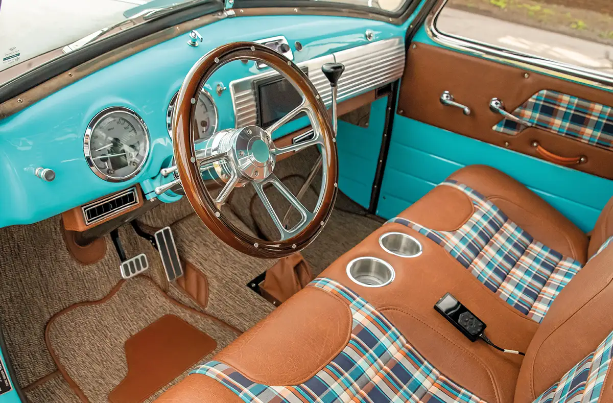 1948 GMC truck interior plaid seats turquoise dash wood wheel custom cabin