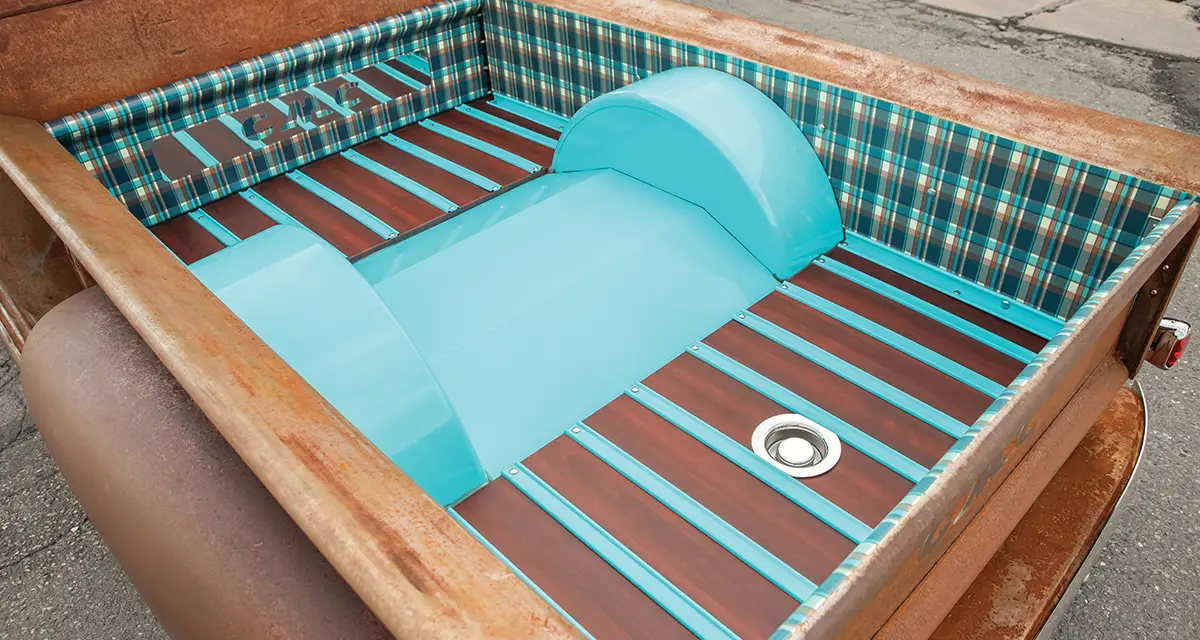 1948 GMC truck custom bed turquoise wood slats plaid insert mini tubbed