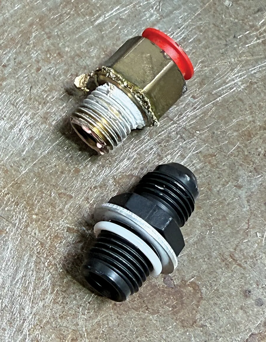 Transmission fittings comparison brass vs Pure Stealth black AN with seal