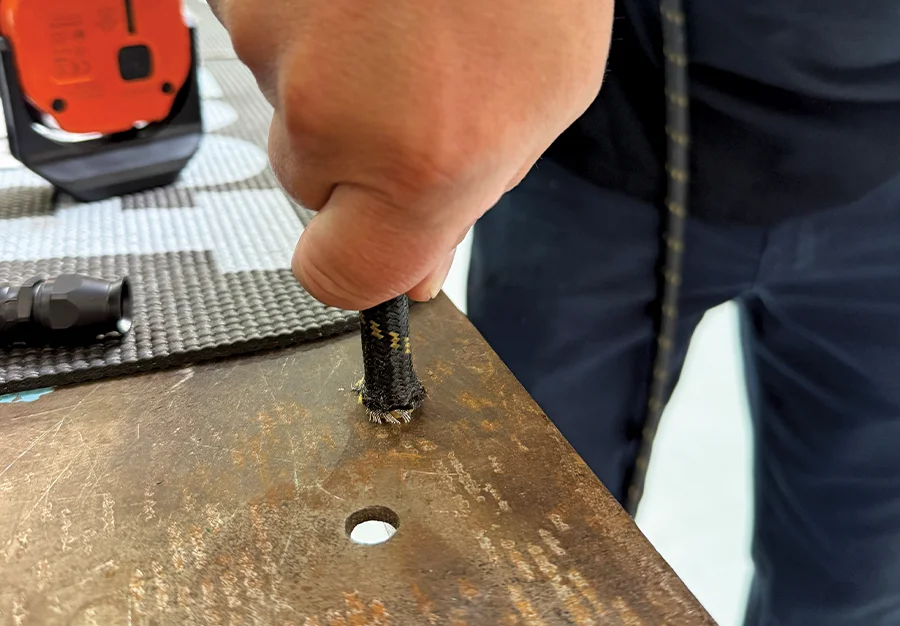 Vertical press-in technique to seat hose on brass insert fully before fitting