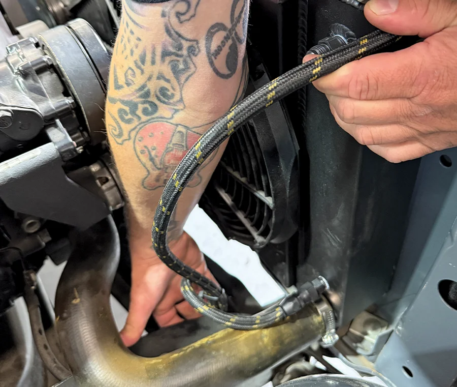 Routing braided transmission line around lower radiator hose for test fit