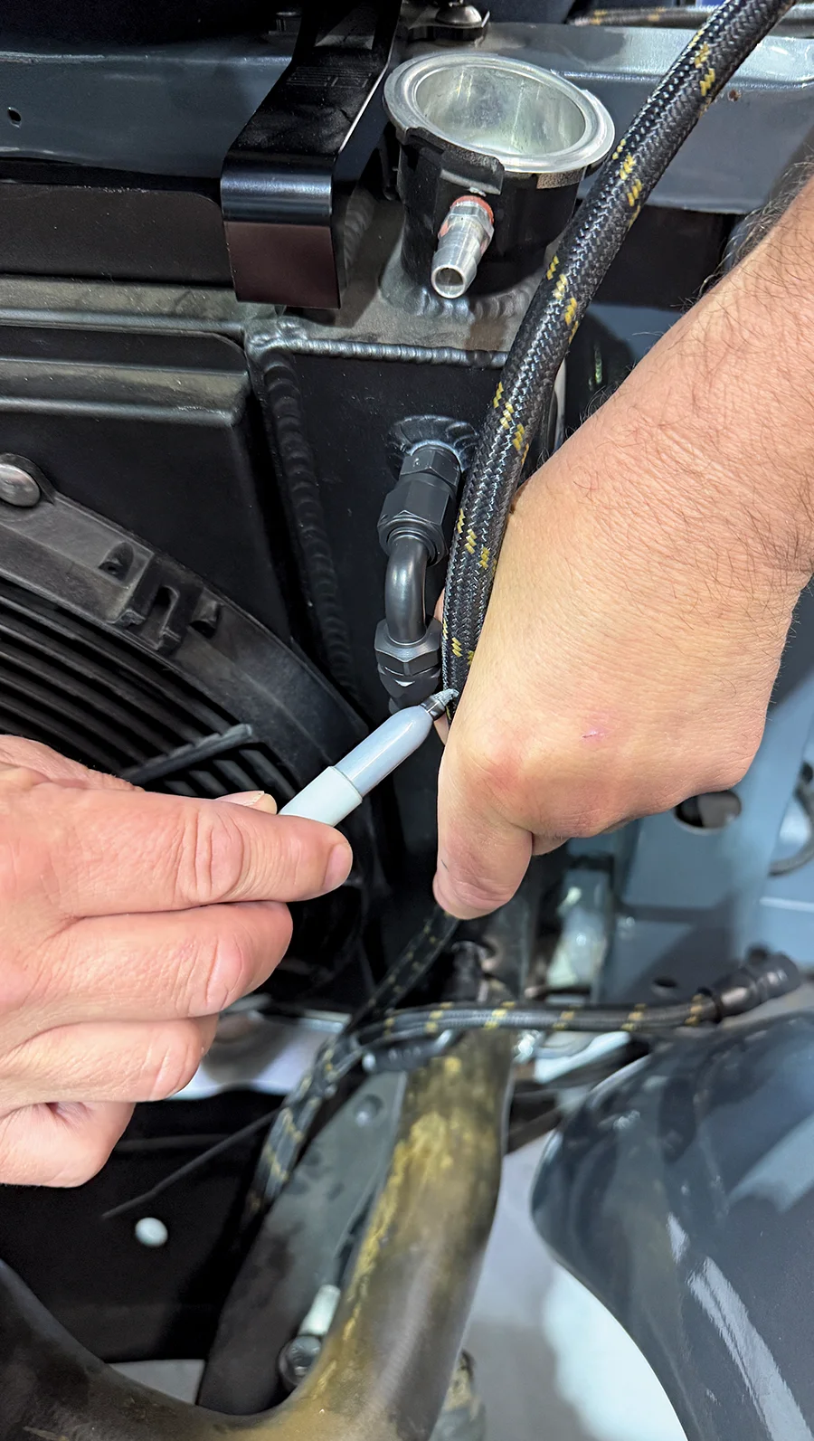 Marking braided line for length adjustment with sharpie during layout