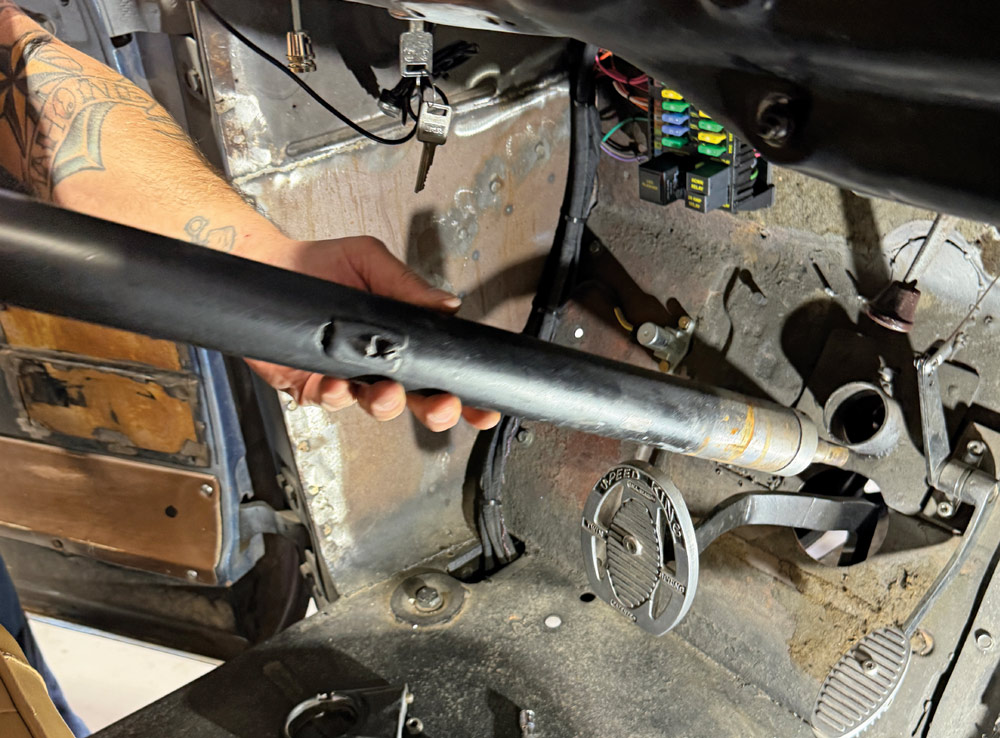 1948 Chevy truck extracting factory column prepping for Flaming River install