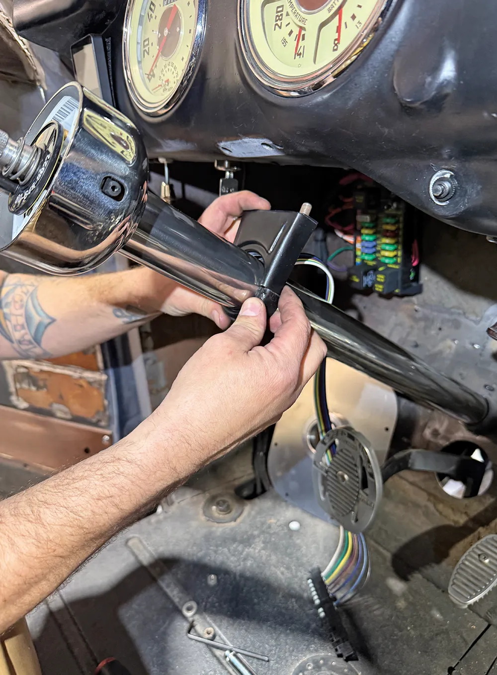 1948 Chevy truck column bracket install under dash black clamp secure fit