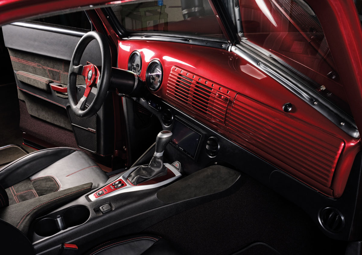 1953 chevy 3100 custom dash red and black interior suede door panel