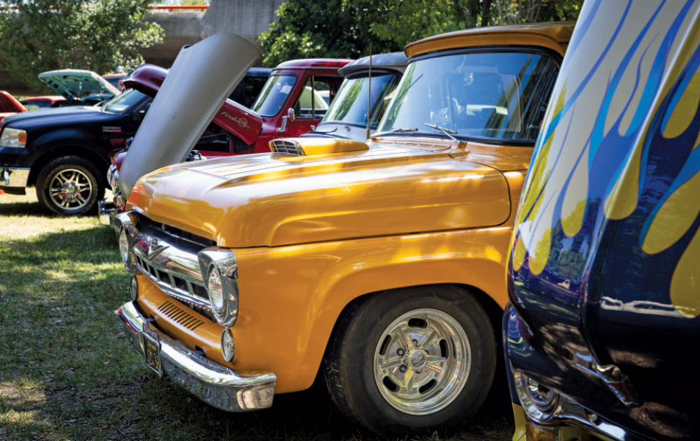 1958 Ford F-100 gold custom restomod hood scoop polished wheels