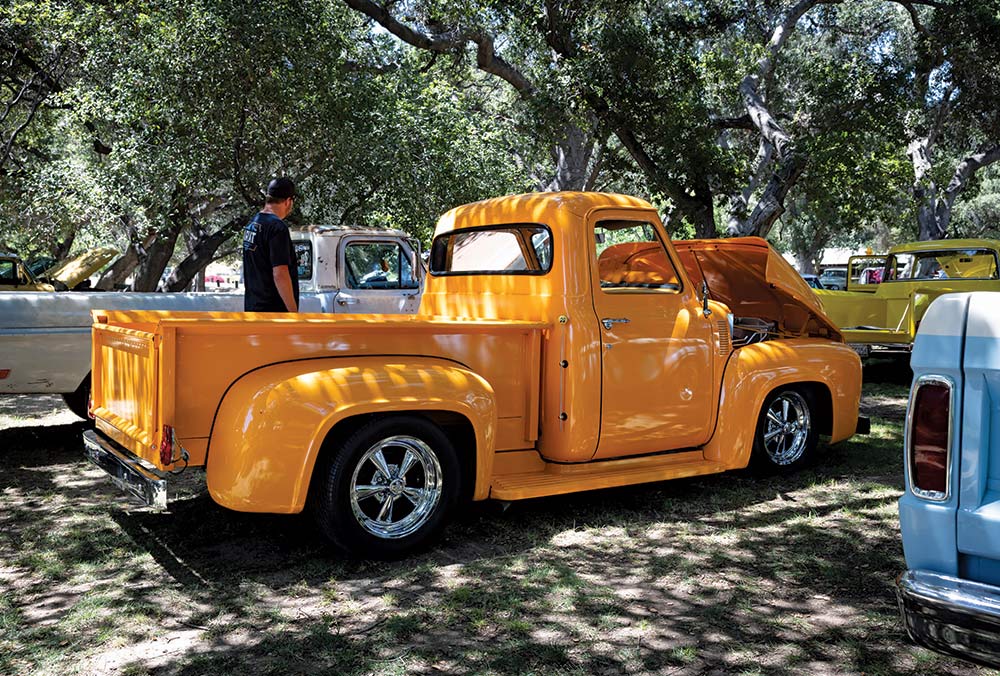 1956 Ford F-100 bright orange custom build chrome wheels lowered stance