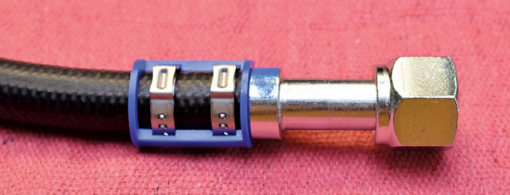 1951 Chevy AC line hose crimped with dual Oetiker clamps and spring lock