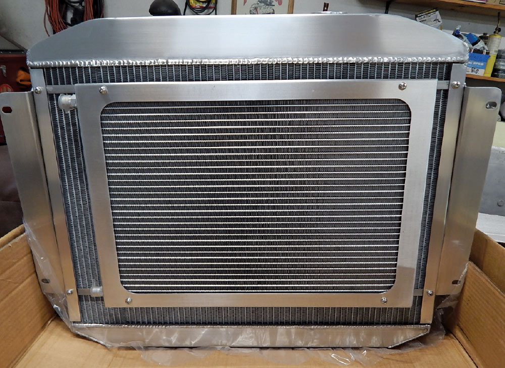 1951 Chevy aluminum radiator with integrated AC condenser and billet frame