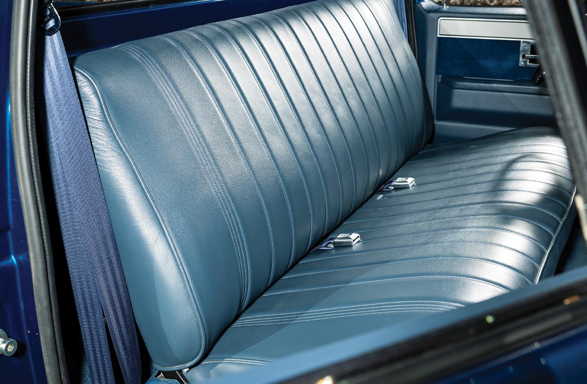 1981 GMC K15 blue bench seat interior closeup