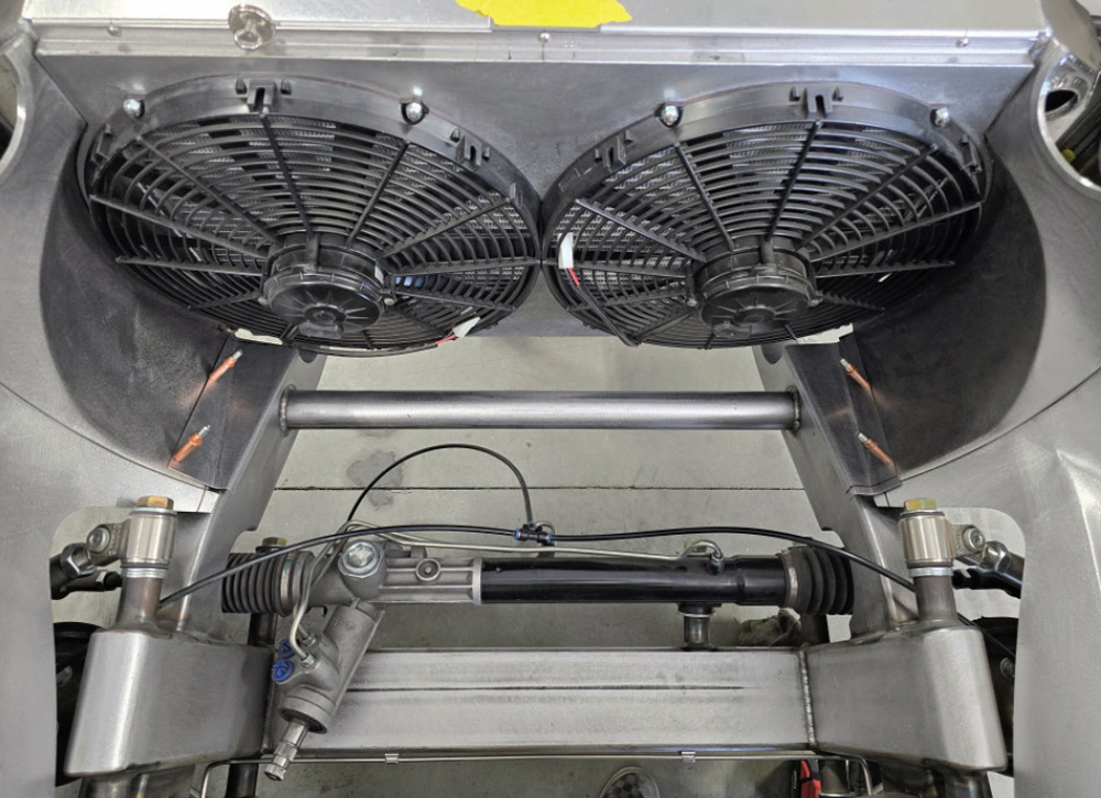 1951 Chevy dual electric radiator fans custom support bar raw metal build
