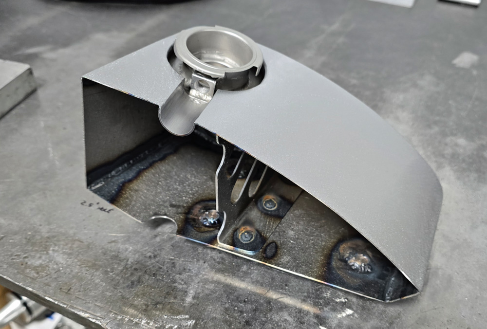1951 Chevy fabricated filler neck mount internal bracket weld detail raw aluminum