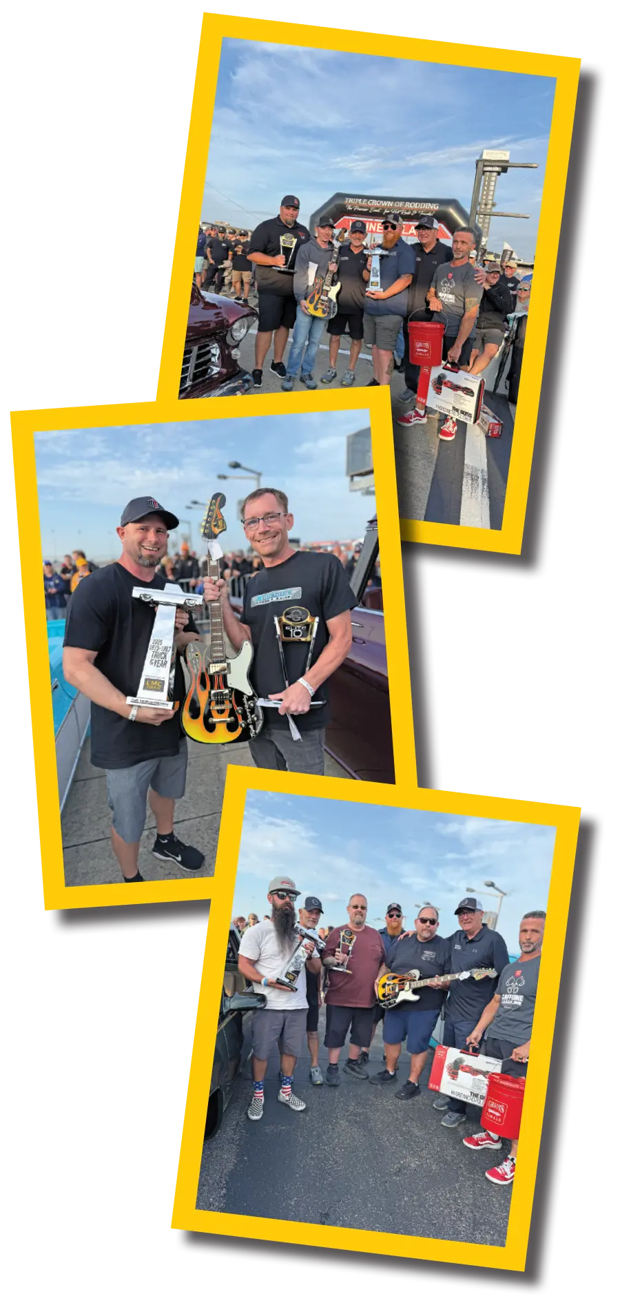 A collage of three vertically stacked photos each bordered in yellow showing groups of men posing outdoors at a 2025 Triple Crown of Rodding (TCR) car event; The men are holding awards, including trophies and electric guitars; The bottom two photos feature the same group of men