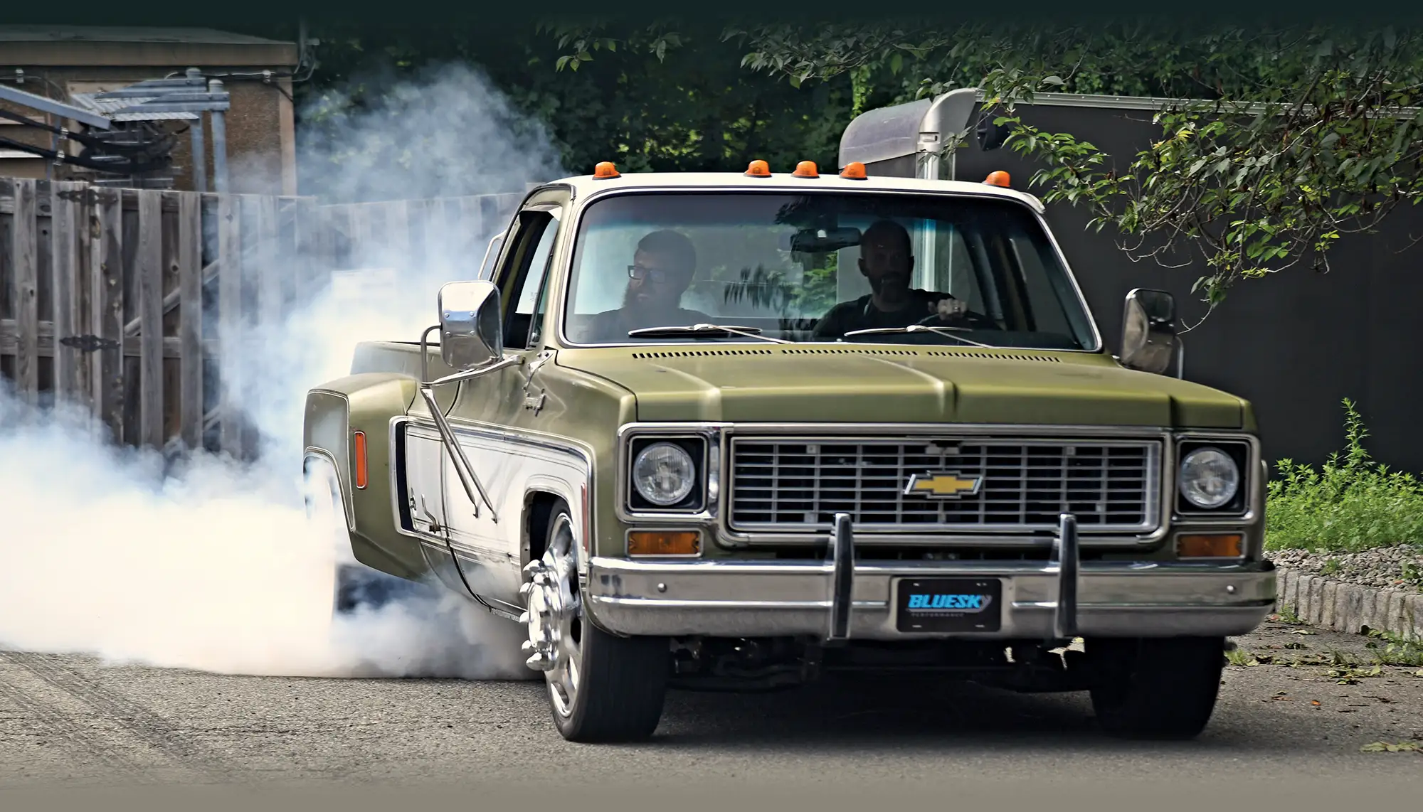 1976 Chevy C30 burnout, tire smoke, Rowdy Mess wheels, BLUESKY plate