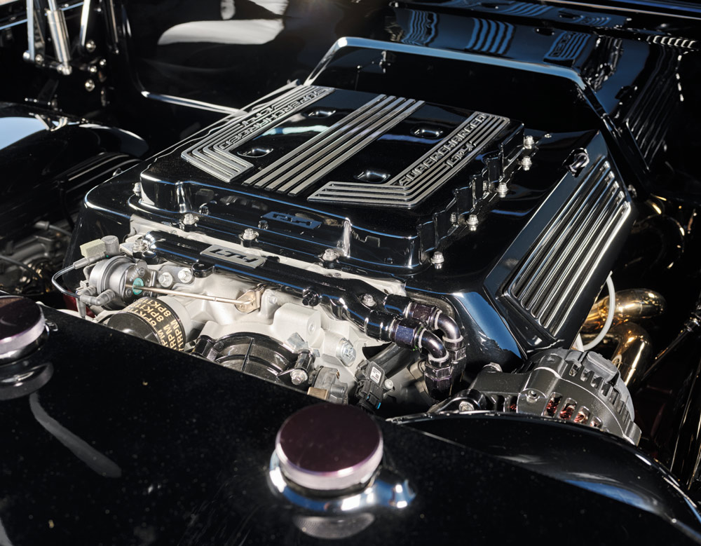 1972 C10 engine bay, LT4 supercharged motor, polished aluminum radiator chrome