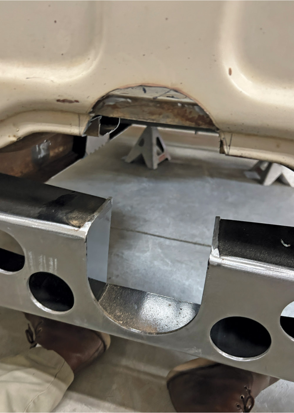 Chevrolet C10 custom chassis crossmember, body notch modification, lightening holes fabrication