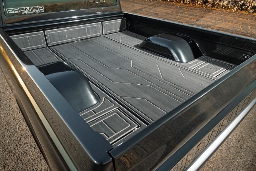 Custom fabricated truck bed, silver inlays, Premier Street Rods decal, 1968 Chevy C10