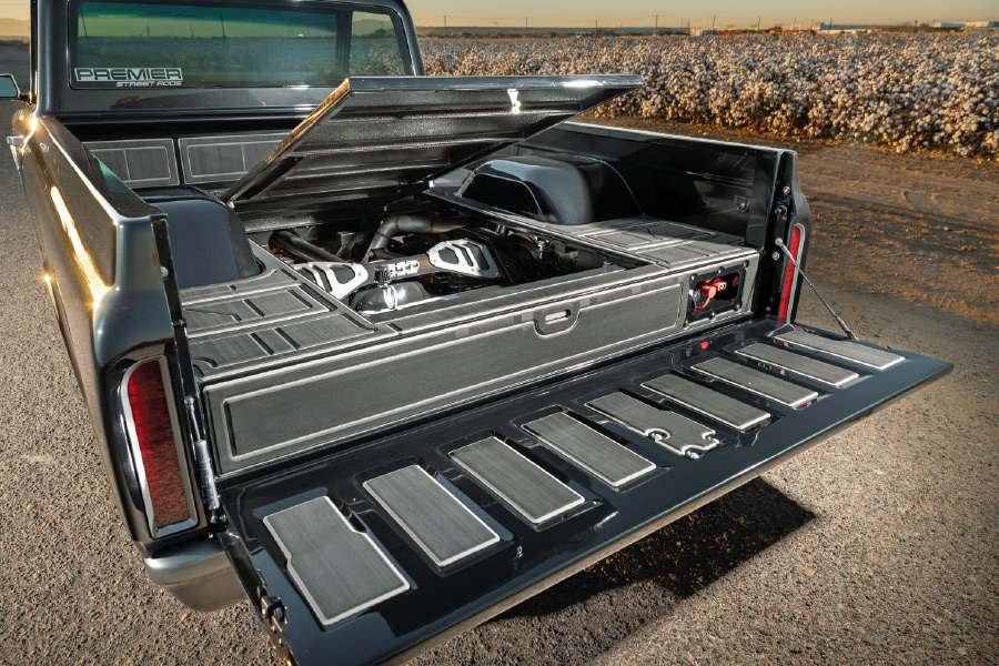 1968 Chevy C10 truck bed storage, mechanical suspension, Premier Street Rods sticker, open tailgate