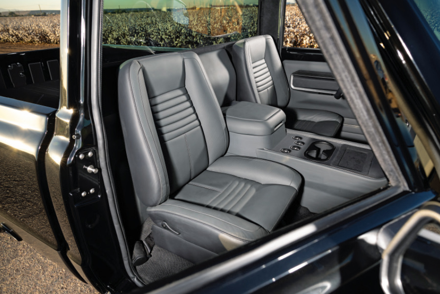 Pair of custom grey leather bucket seats, center armrest, 1968 Chevrolet C10 truck interior