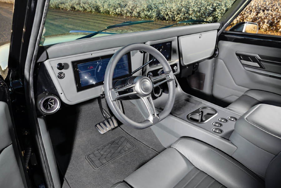 Modern custom interior dash, steering wheel, grey leather, digital displays, 1968 Chevy C10 truck
