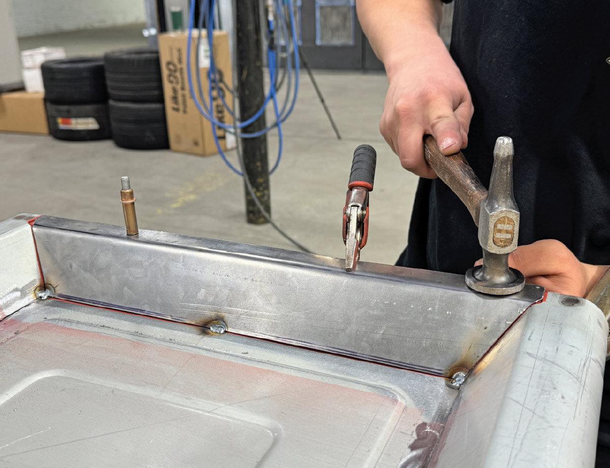 Hammering panel for fit, body hammer, C-clamp, Cleco, red guide marks