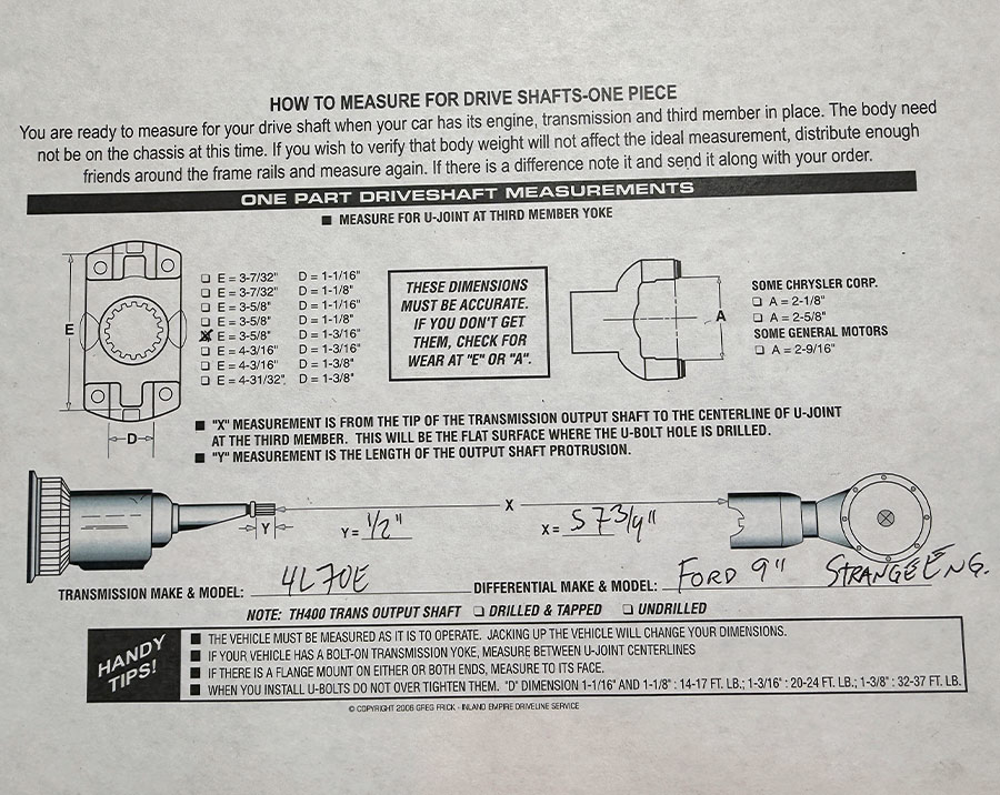 Document providing instructions on how to measure a one-piece driveshaft, including diagrams for U-joint measurements (D and E) and an example showing X and Y measurements for a 4L70E transmission and Ford 9-inch Strange Eng differential
