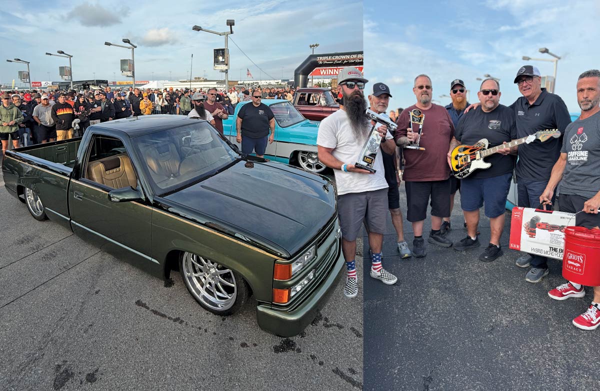 A composite image showing a group of men and their maroon classic truck with a trophy, plus winners standing next to a dark green lowered truck.