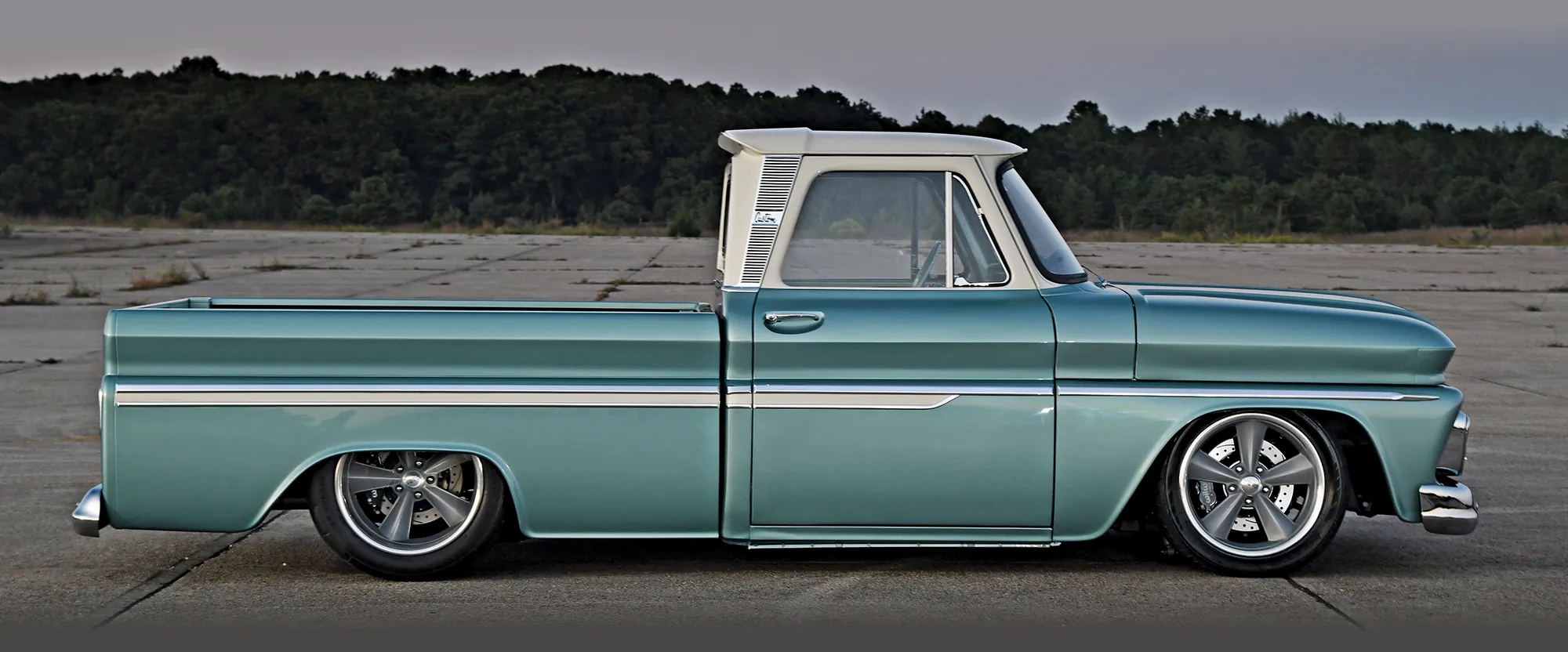 1965 Chevrolet C10 teal white custom side profile laid out