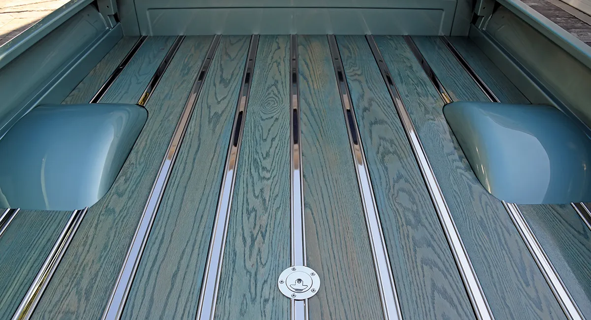 1965 Chevrolet C10 custom wood bed teal slats polished strips