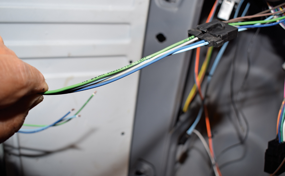 American Autowire headlight wiring leads identified by color-coding during front harness routing