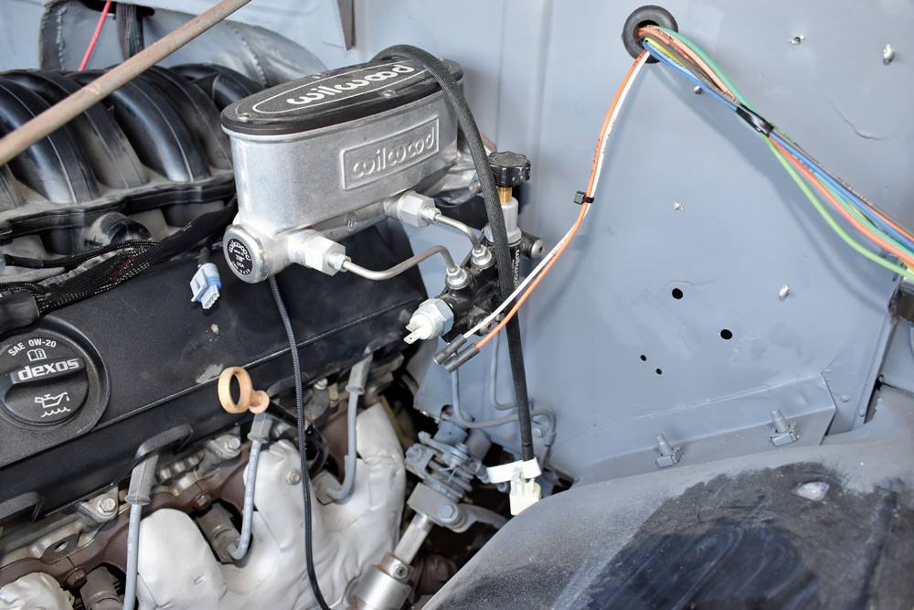 American Autowire brake switch wiring routed near Wilwood master cylinder assembly
