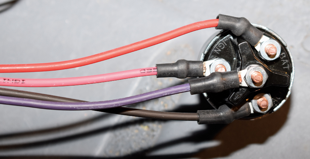 American Autowire ignition switch wiring connected with heat-shrinked power and accessory leads