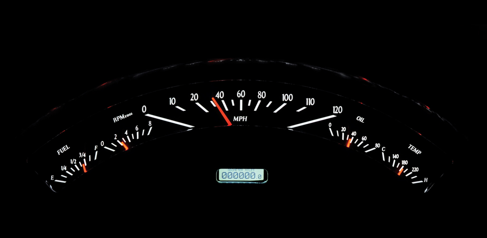 Dakota Digital VHX gauge cluster illuminated nighttime display with analog sweep look