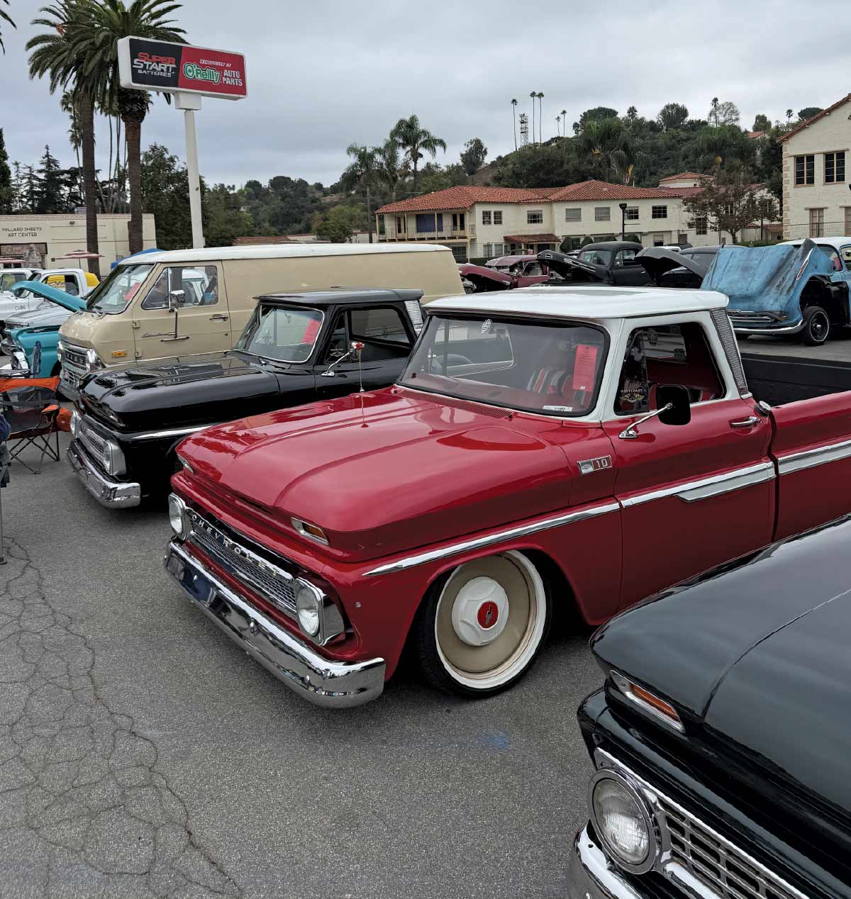 1965 Chevrolet C10 red and white custom truck wide whites slammed stance