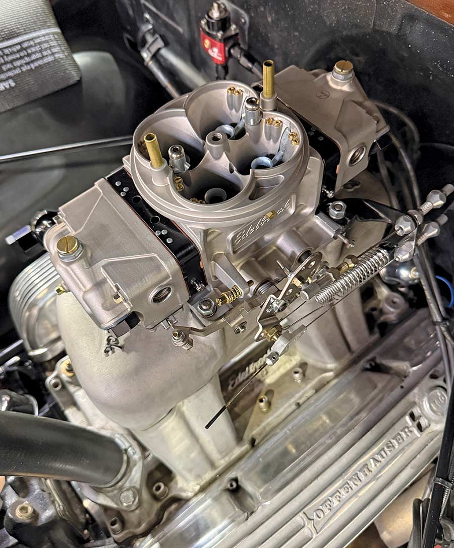1950 chevy 3100 edelbrock vrs415 top view billet carburetor offenhauser intake