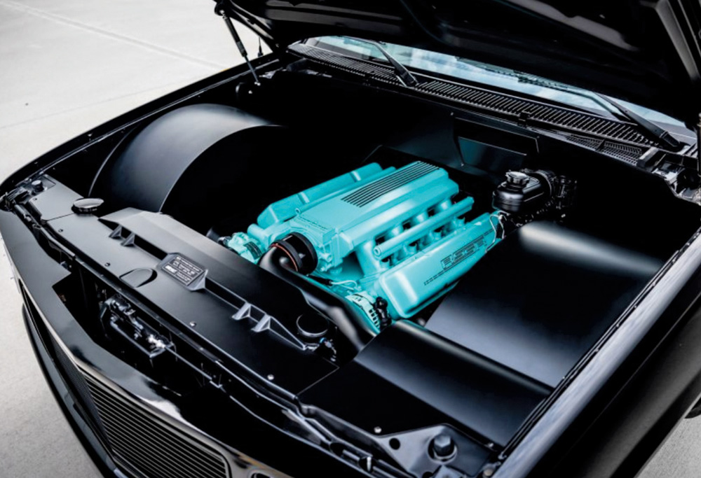 1990 Chevy C1500 OBS smoothed engine bay aqua painted intake manifold