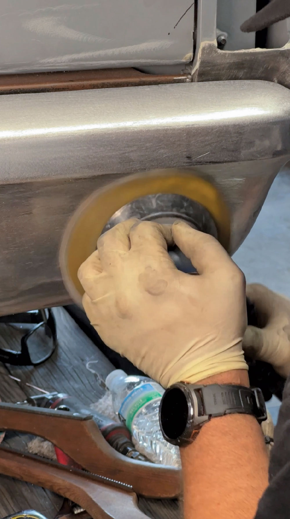 1967 c10 bumper final sanding roloc disc smoothing weld seam