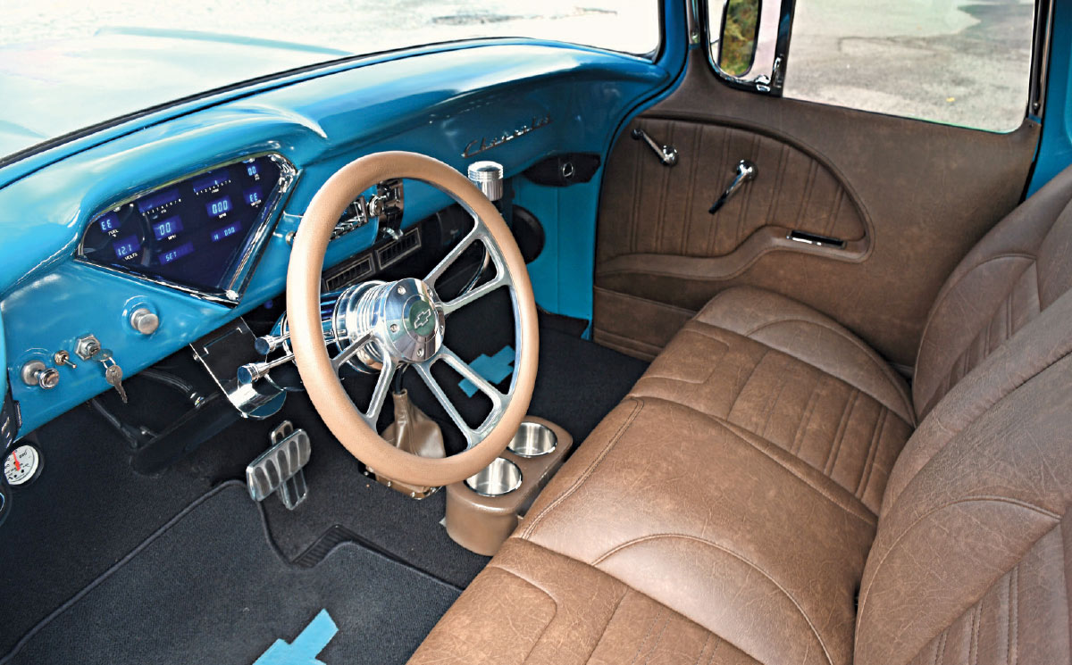 1957 Chevy 3100 interior brown bench seat billet wheel blue dash