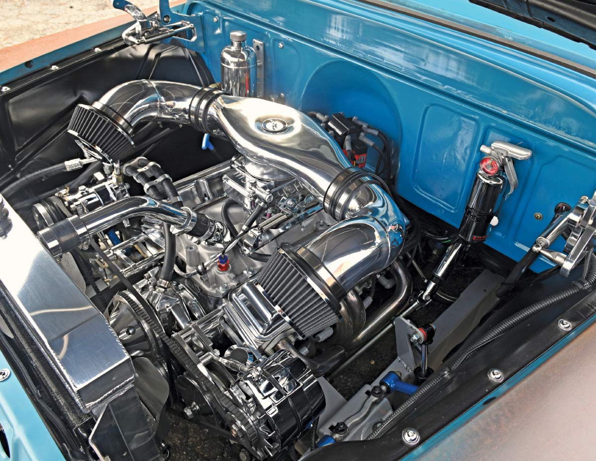 1957 Chevy 3100 detailed engine bay chrome V8 performance build